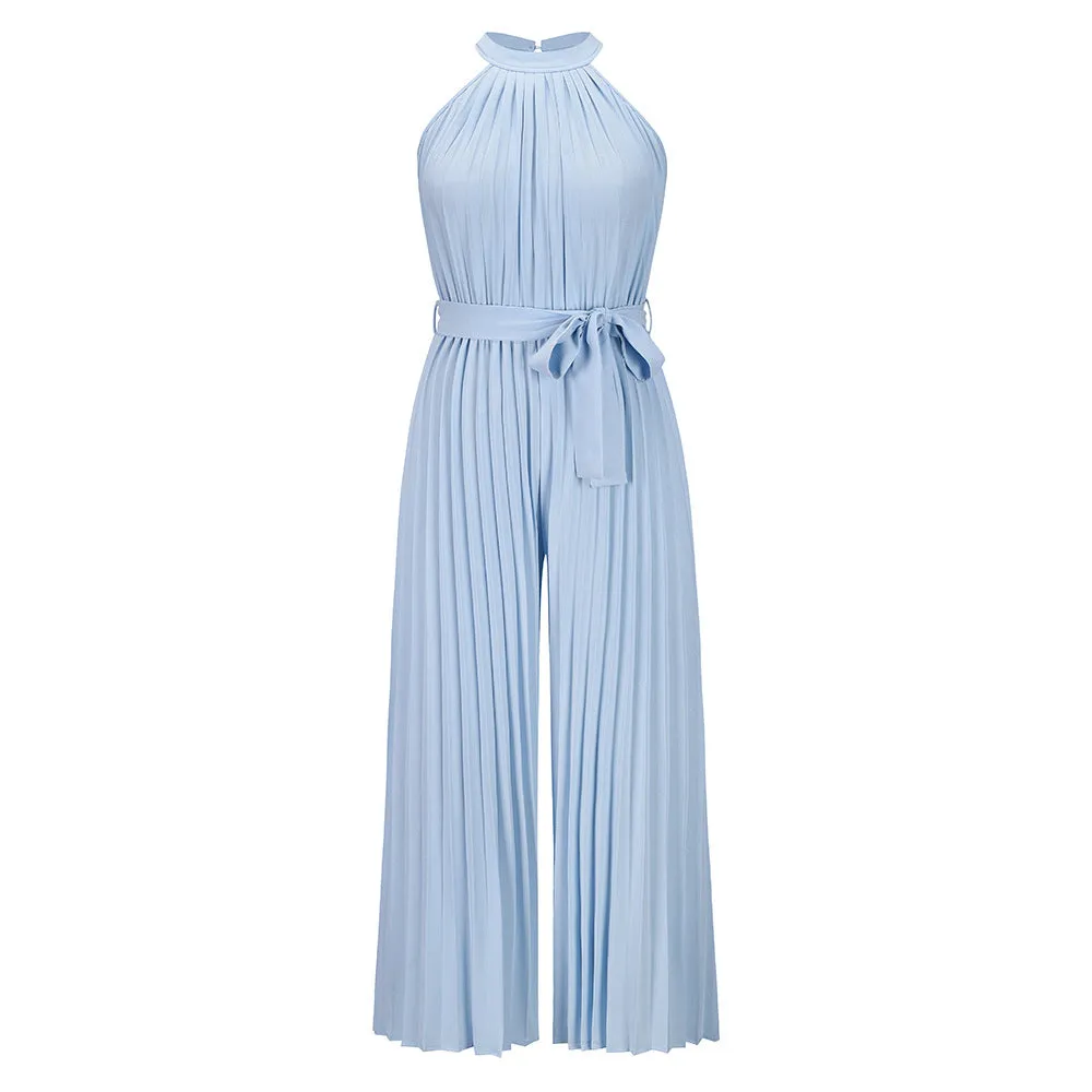 2022 Summer Sexy Halter Neck Sleevelesss Pleated Long Wide Leg Jumpsuit