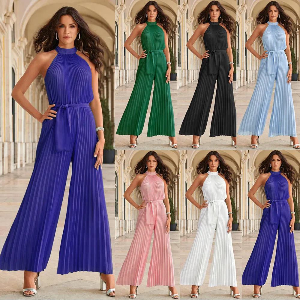 2022 Summer Sexy Halter Neck Sleevelesss Pleated Long Wide Leg Jumpsuit