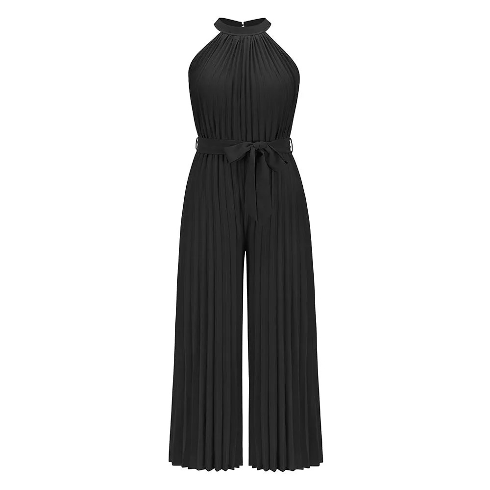 2022 Summer Sexy Halter Neck Sleevelesss Pleated Long Wide Leg Jumpsuit
