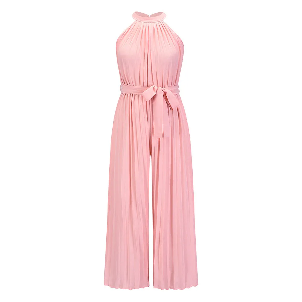 2022 Summer Sexy Halter Neck Sleevelesss Pleated Long Wide Leg Jumpsuit