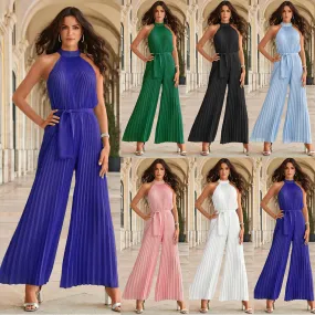 2022 Summer Sexy Halter Neck Sleevelesss Pleated Long Wide Leg Jumpsuit