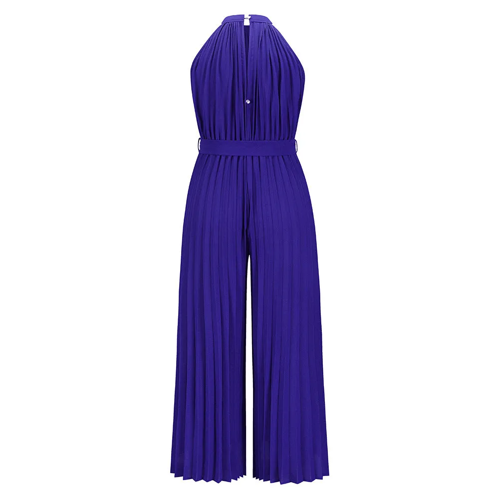 2022 Summer Sexy Halter Neck Sleevelesss Pleated Long Wide Leg Jumpsuit