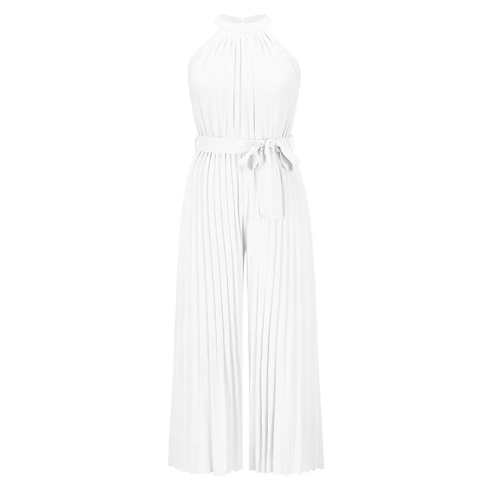 2022 Summer Sexy Halter Neck Sleevelesss Pleated Long Wide Leg Jumpsuit