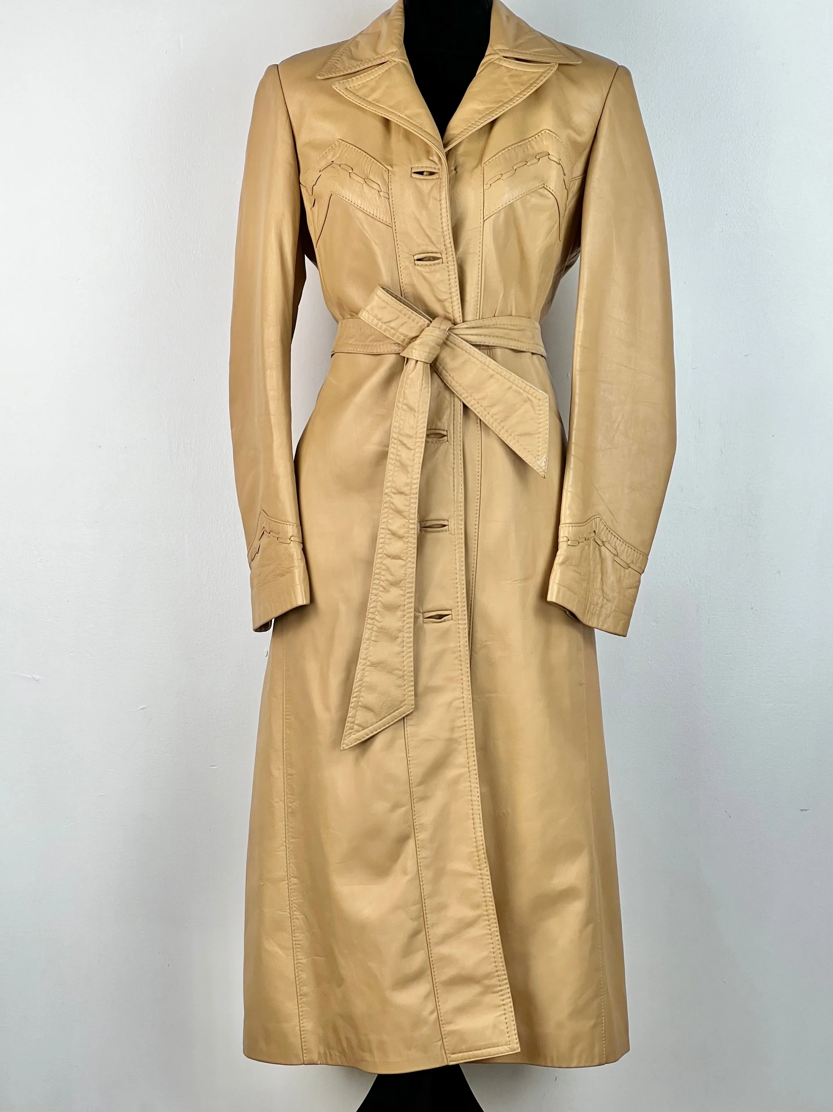 70's Caramel Leather Belted Midi Coat - AU10