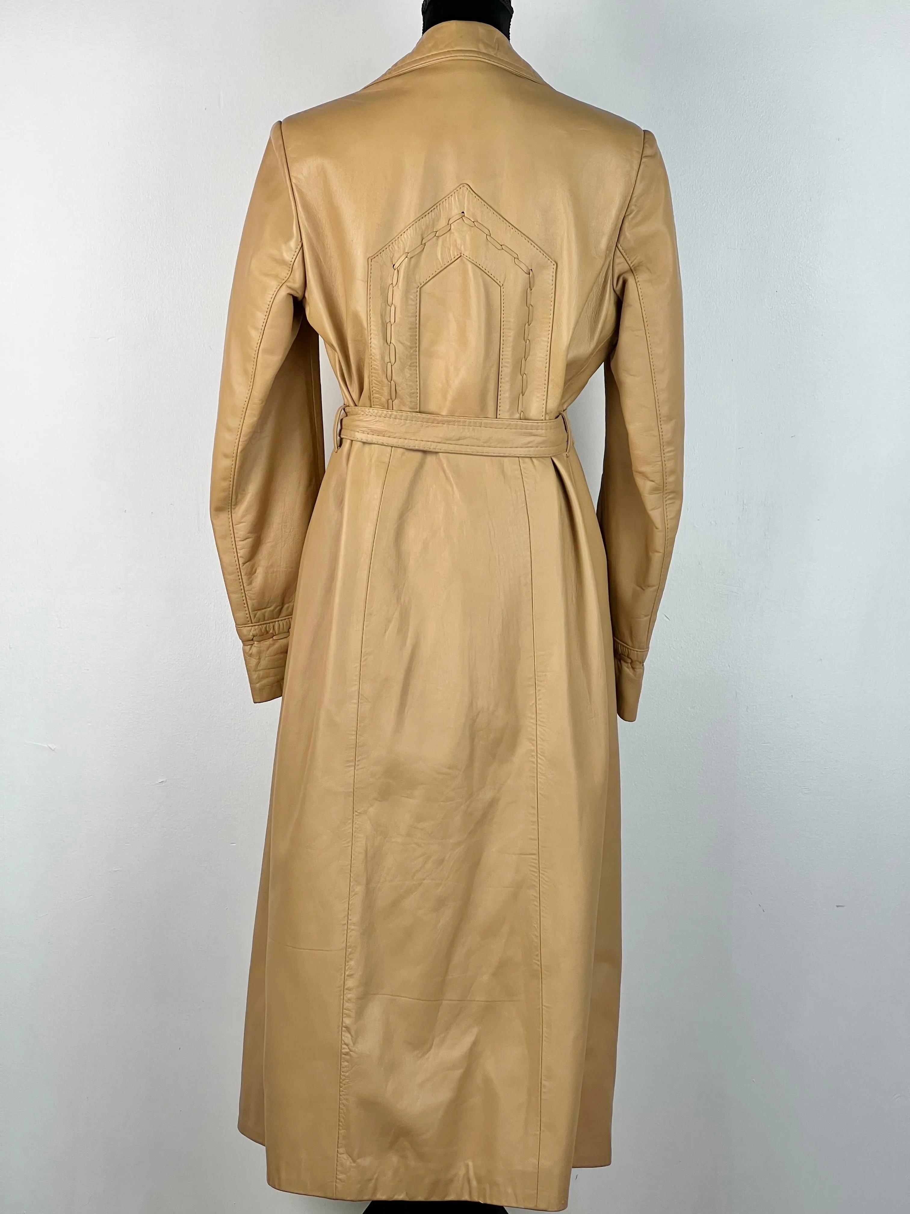 70's Caramel Leather Belted Midi Coat - AU10