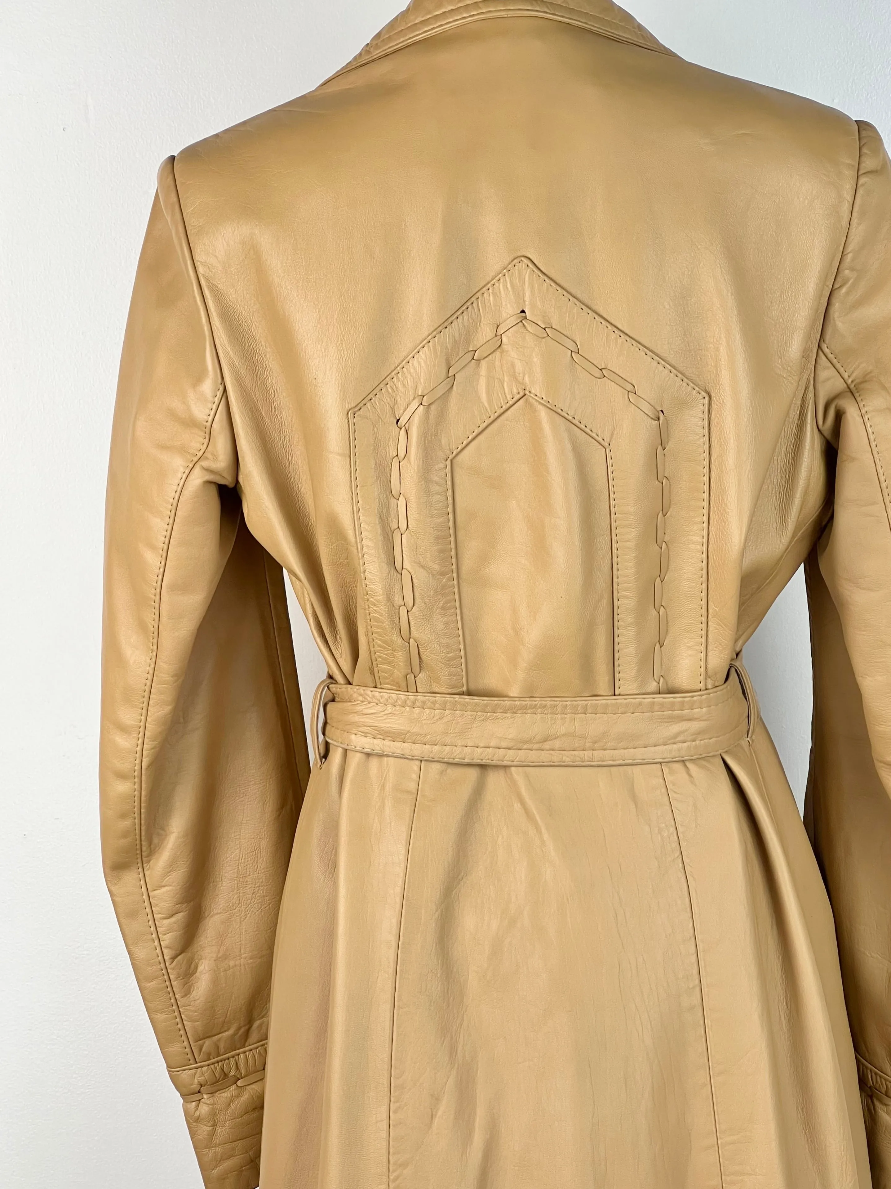 70's Caramel Leather Belted Midi Coat - AU10