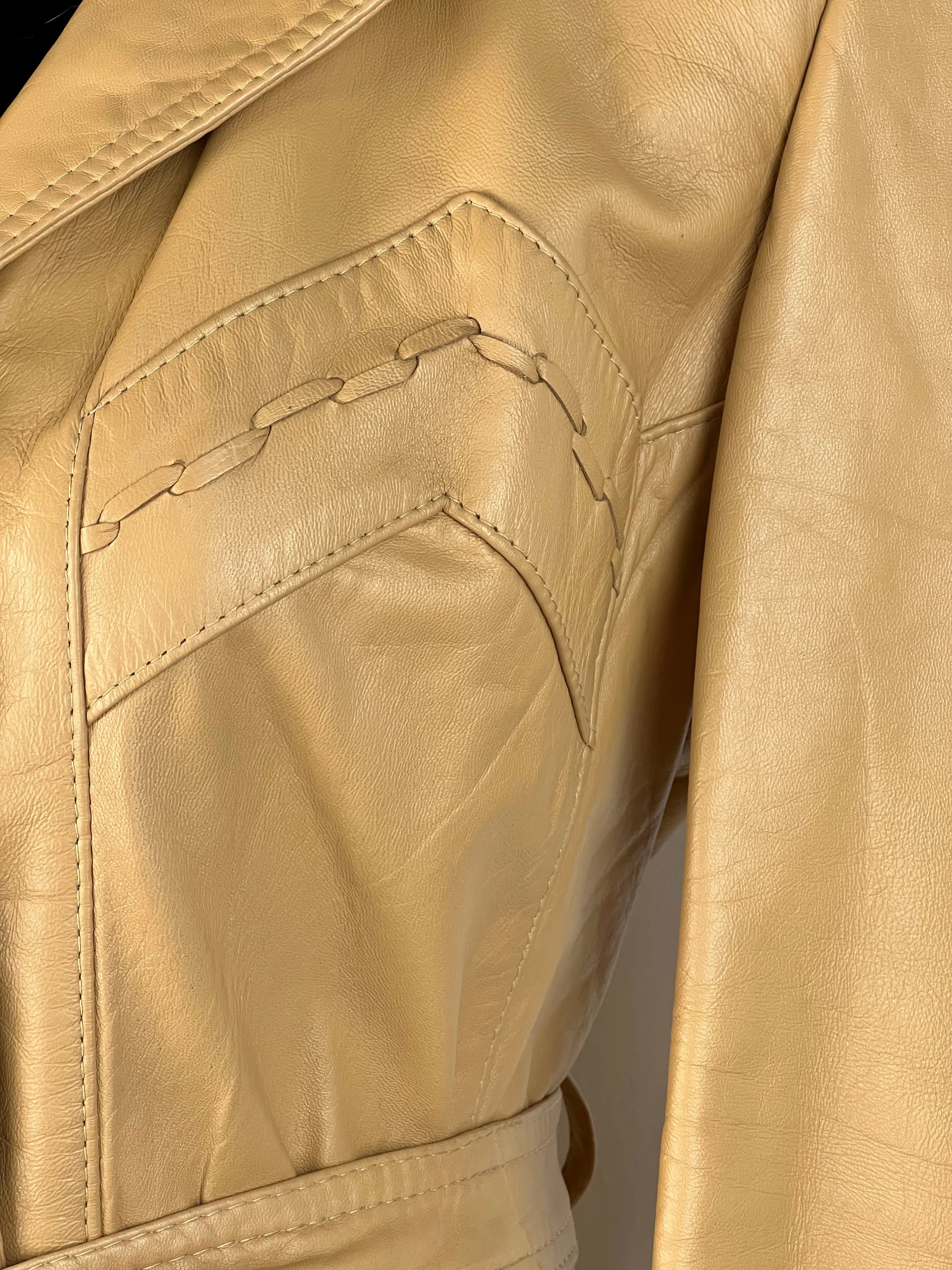 70's Caramel Leather Belted Midi Coat - AU10