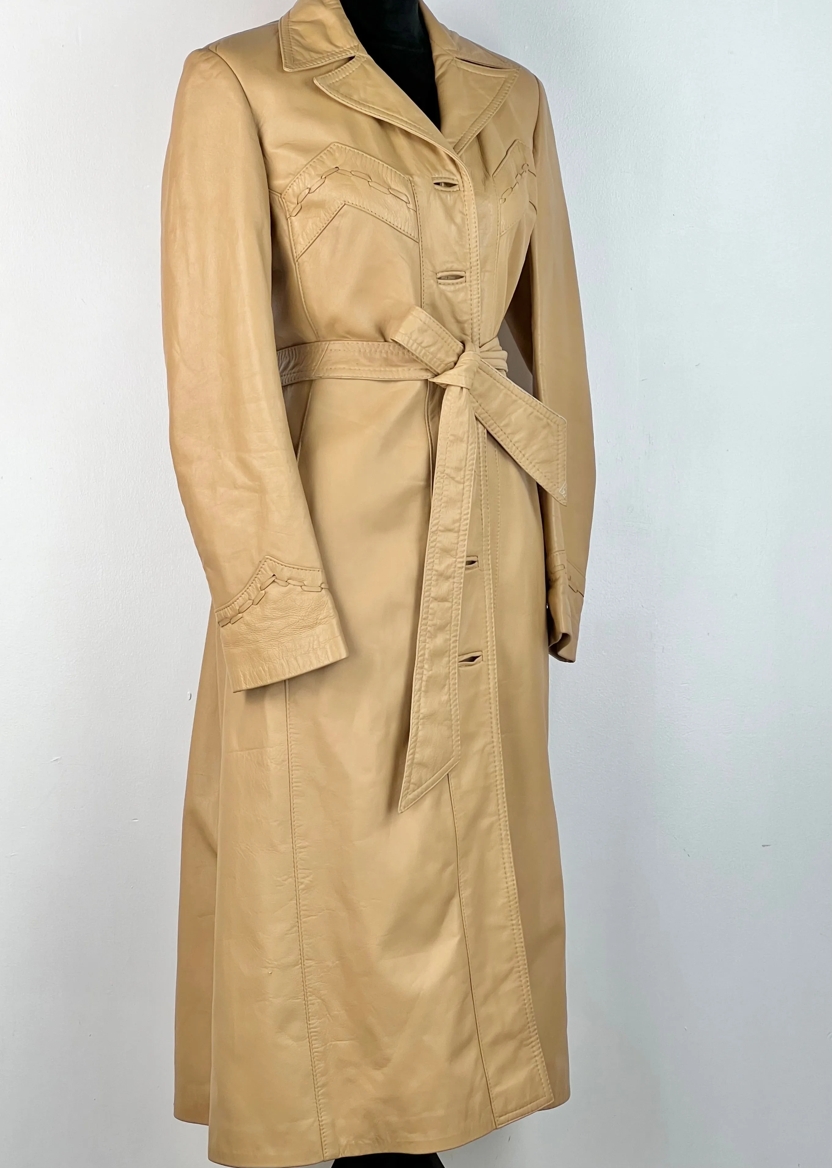 70's Caramel Leather Belted Midi Coat - AU10