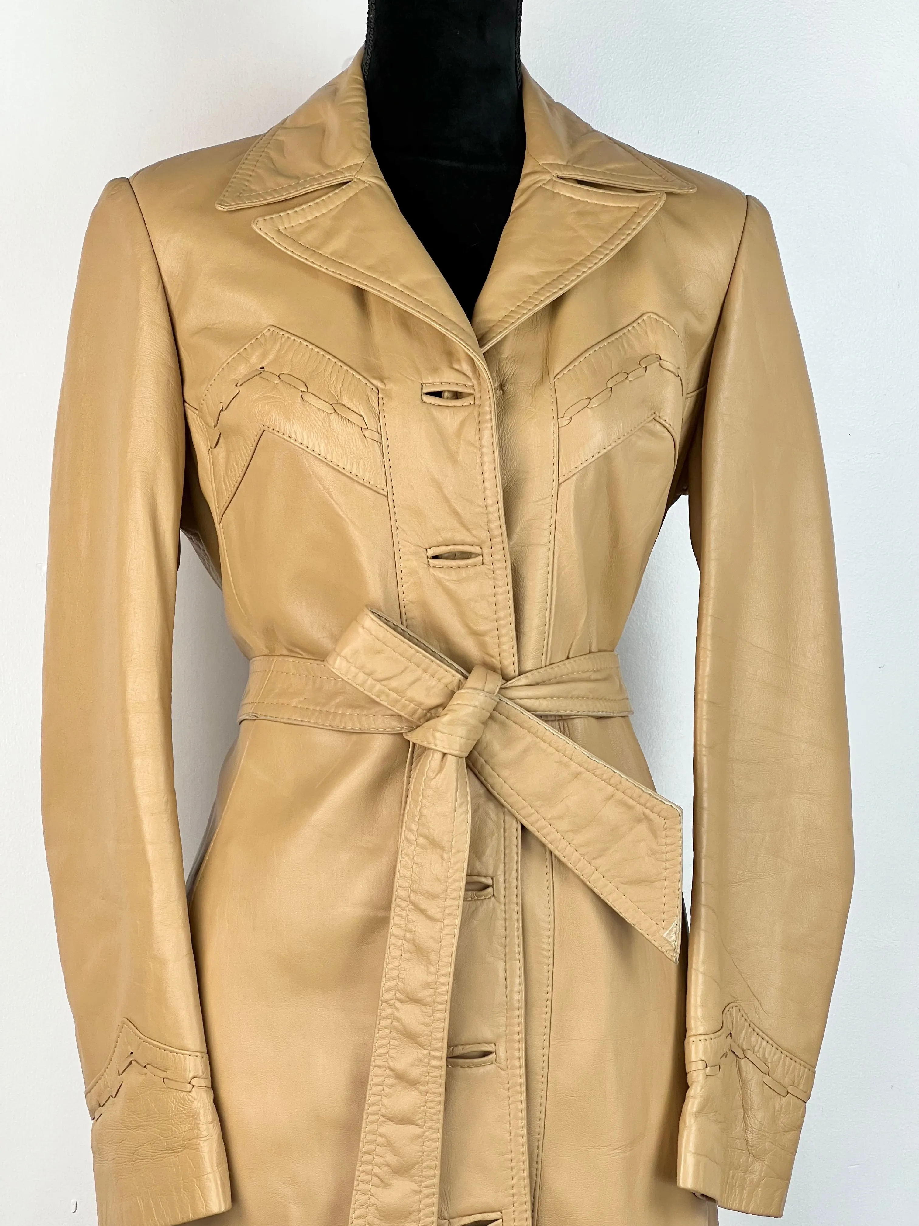 70's Caramel Leather Belted Midi Coat - AU10