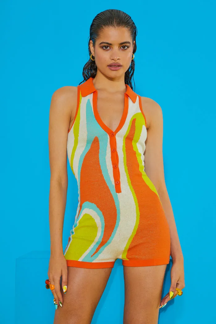 Abstract Art Knit Sleeveless Intarsia Knitted Romper