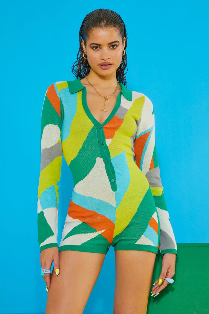 Abstract Art Print Long Sleeve Romper