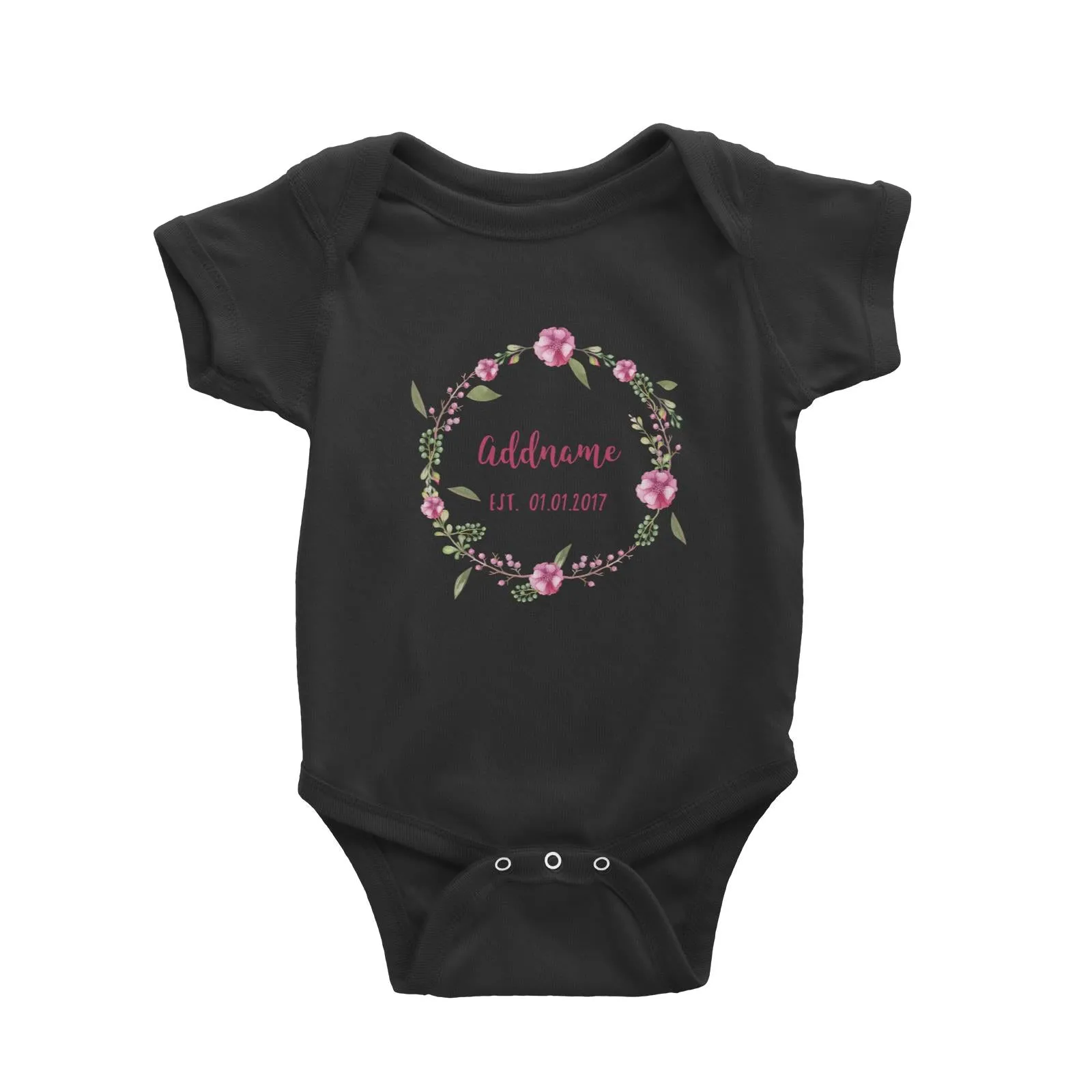 Add Name and Add Date in Pink Flower Wreath Baby Romper