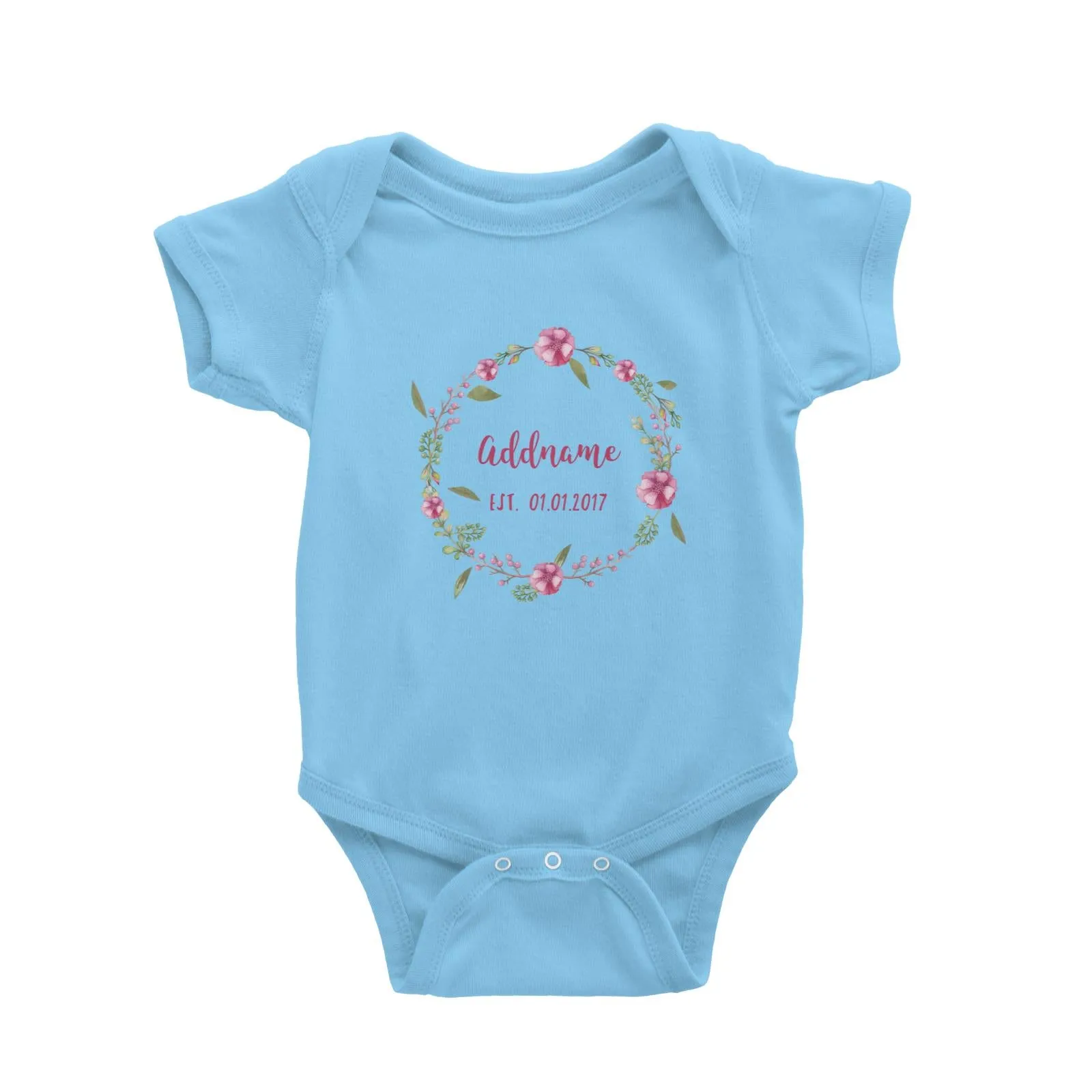 Add Name and Add Date in Pink Flower Wreath Baby Romper