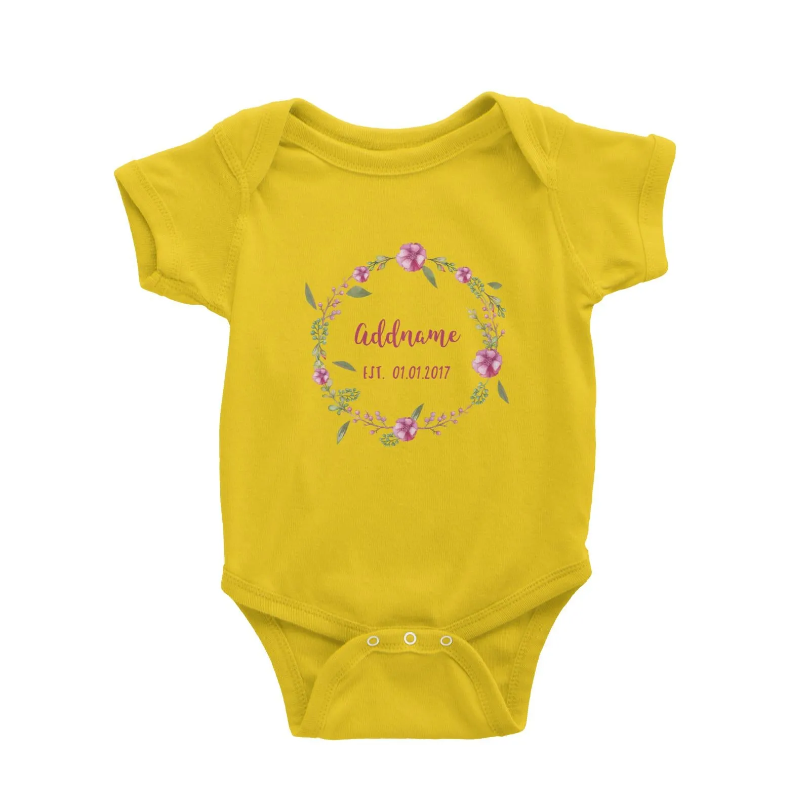 Add Name and Add Date in Pink Flower Wreath Baby Romper
