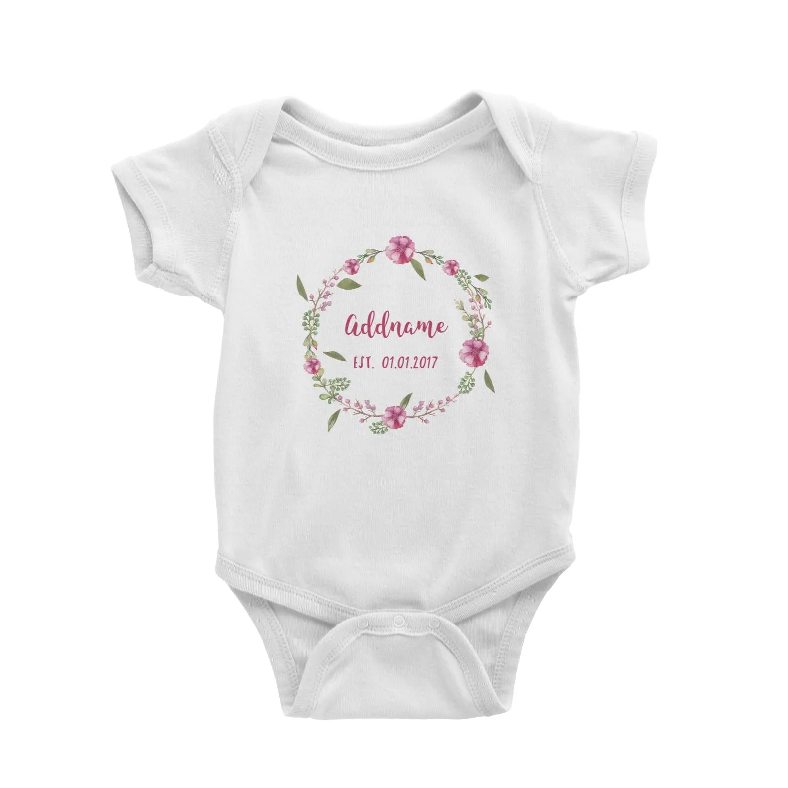 Add Name and Add Date in Pink Flower Wreath Baby Romper