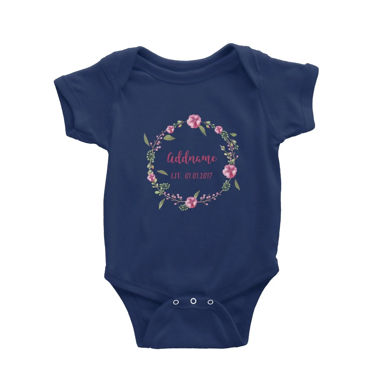 Add Name and Add Date in Pink Flower Wreath Baby Romper