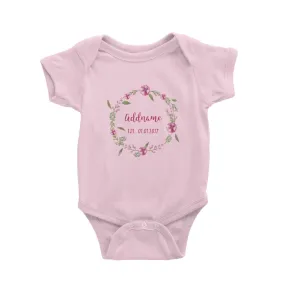 Add Name and Add Date in Pink Flower Wreath Baby Romper