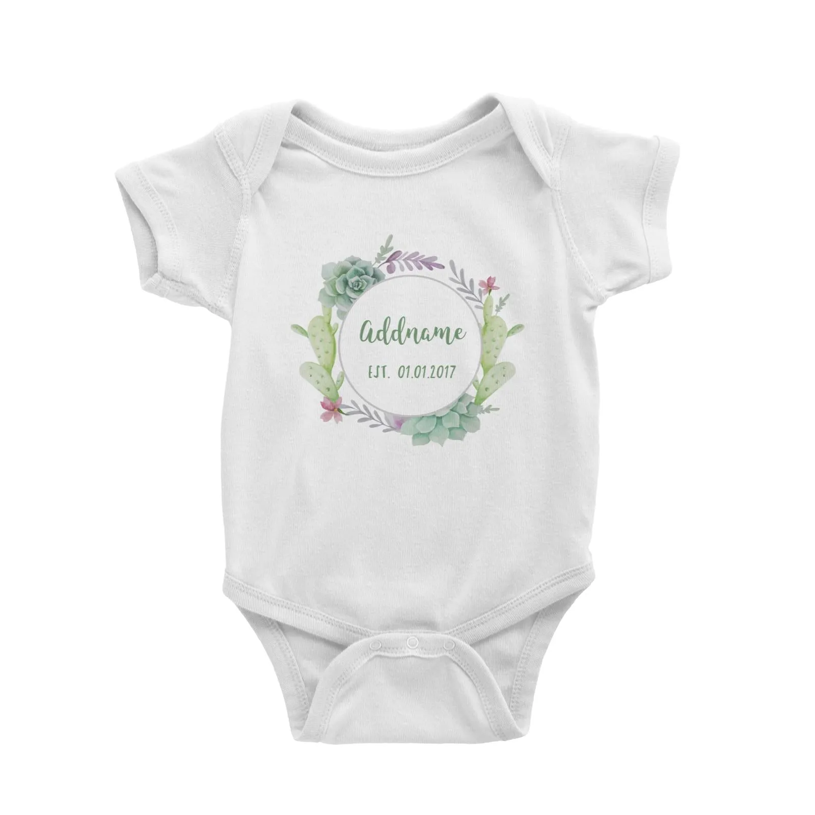 Add Name and Add Date in Succulent Wreath Baby Romper