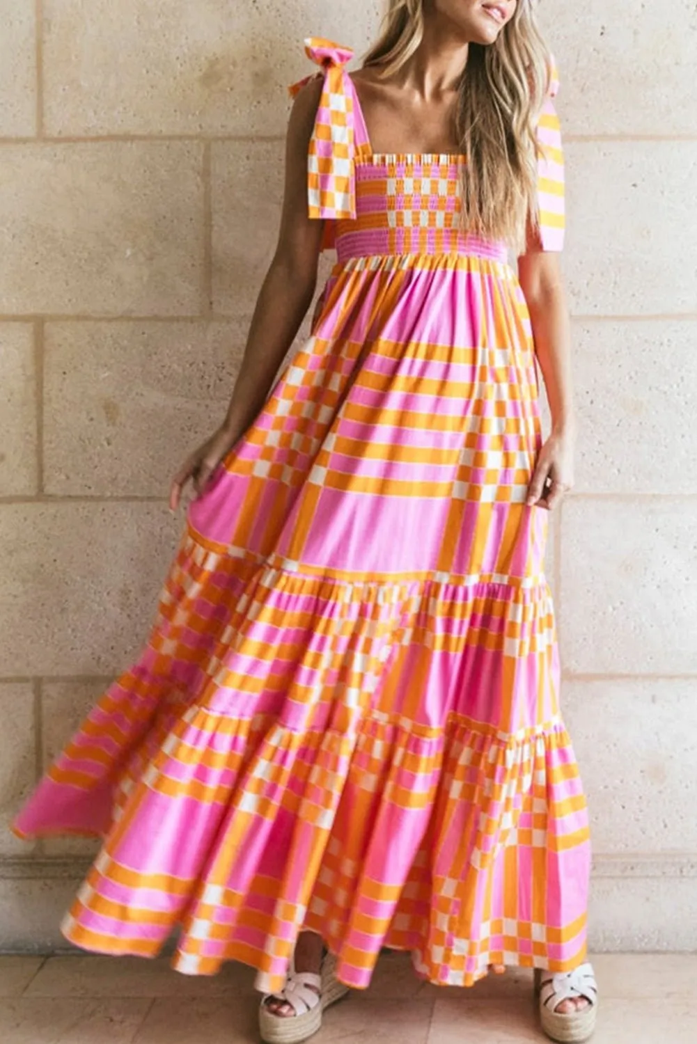 Aurora - Boho Chic Pink Gingham Maxi Dress