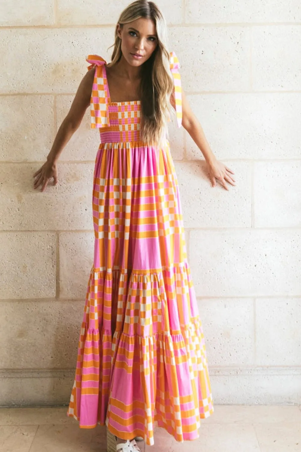 Aurora - Boho Chic Pink Gingham Maxi Dress