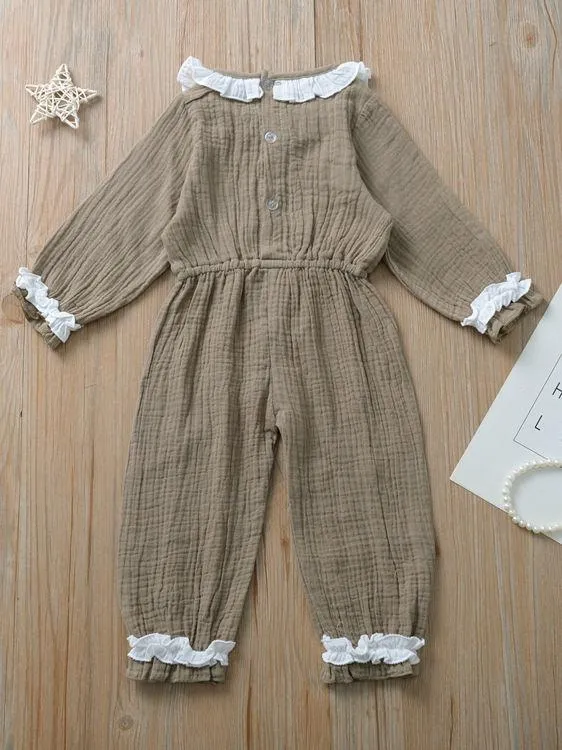 Autumn Multi-colored Ruffled Tie-waist Muslin Baby Girls Jumpsuit
