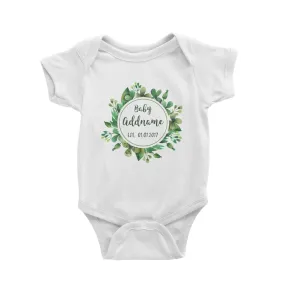 Baby Addname and Add Date in Green Leaf Wreath Baby Romper Personalizable Designs Basic Newborn
