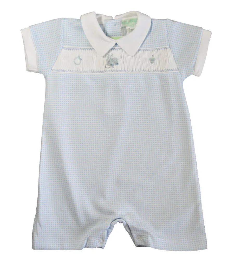 Baby Boy's Blue Check Smocked Bunny Romper