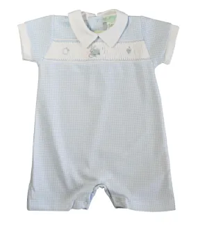 Baby Boy's Blue Check Smocked Bunny Romper
