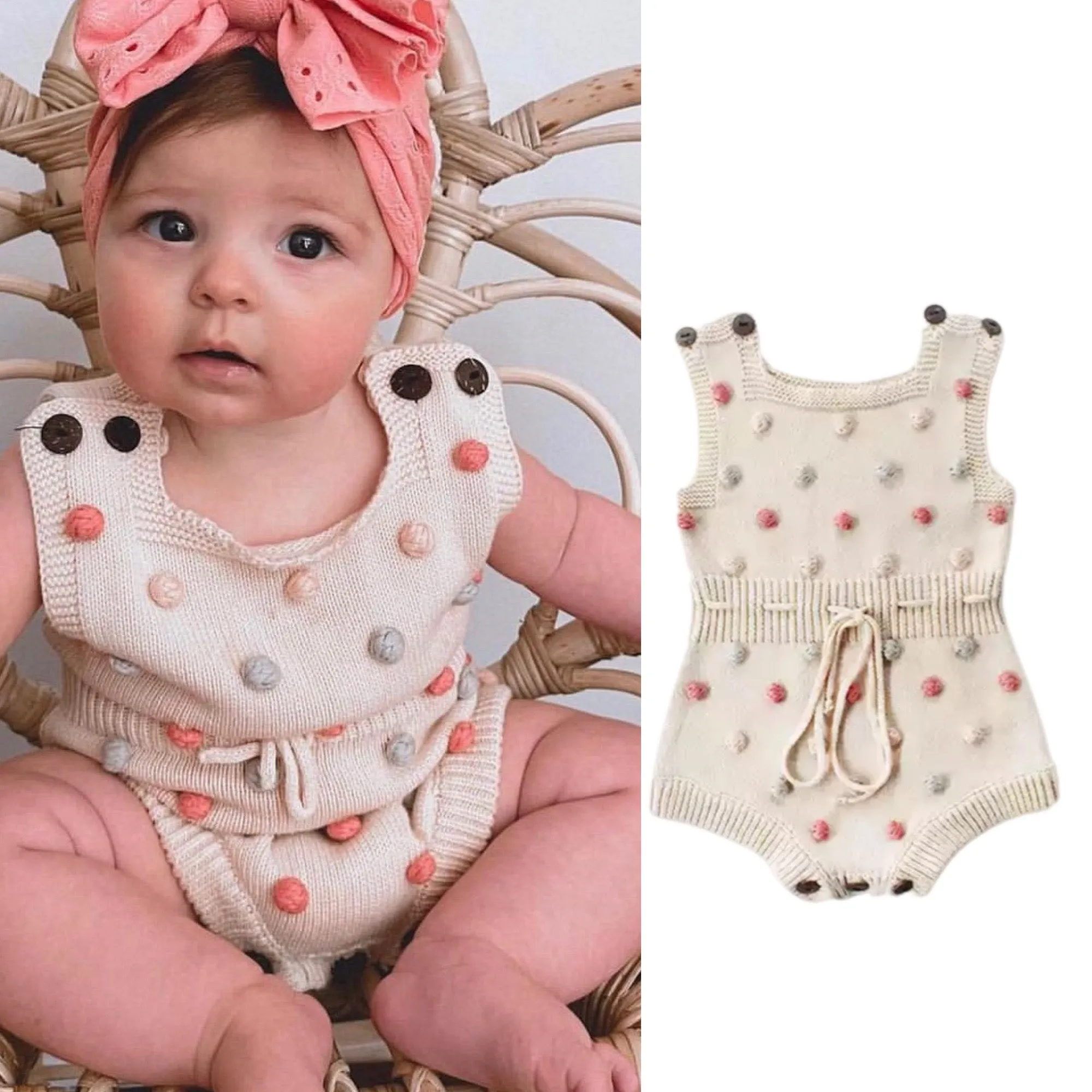 Baby Girl Knitted Romper with Bobbles / Pom Pom - Dusty Pink