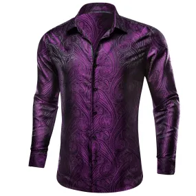 Barry Wang Button Down Shirt Men's Purple Silk Paisley Long Sleeve Daily Slim-fit Shirt