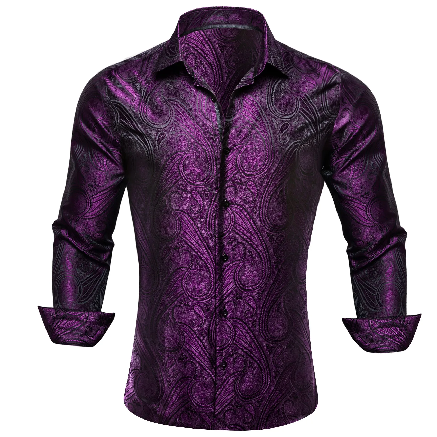 Barry Wang Button Down Shirt Men's Purple Silk Paisley Long Sleeve Daily Slim-fit Shirt