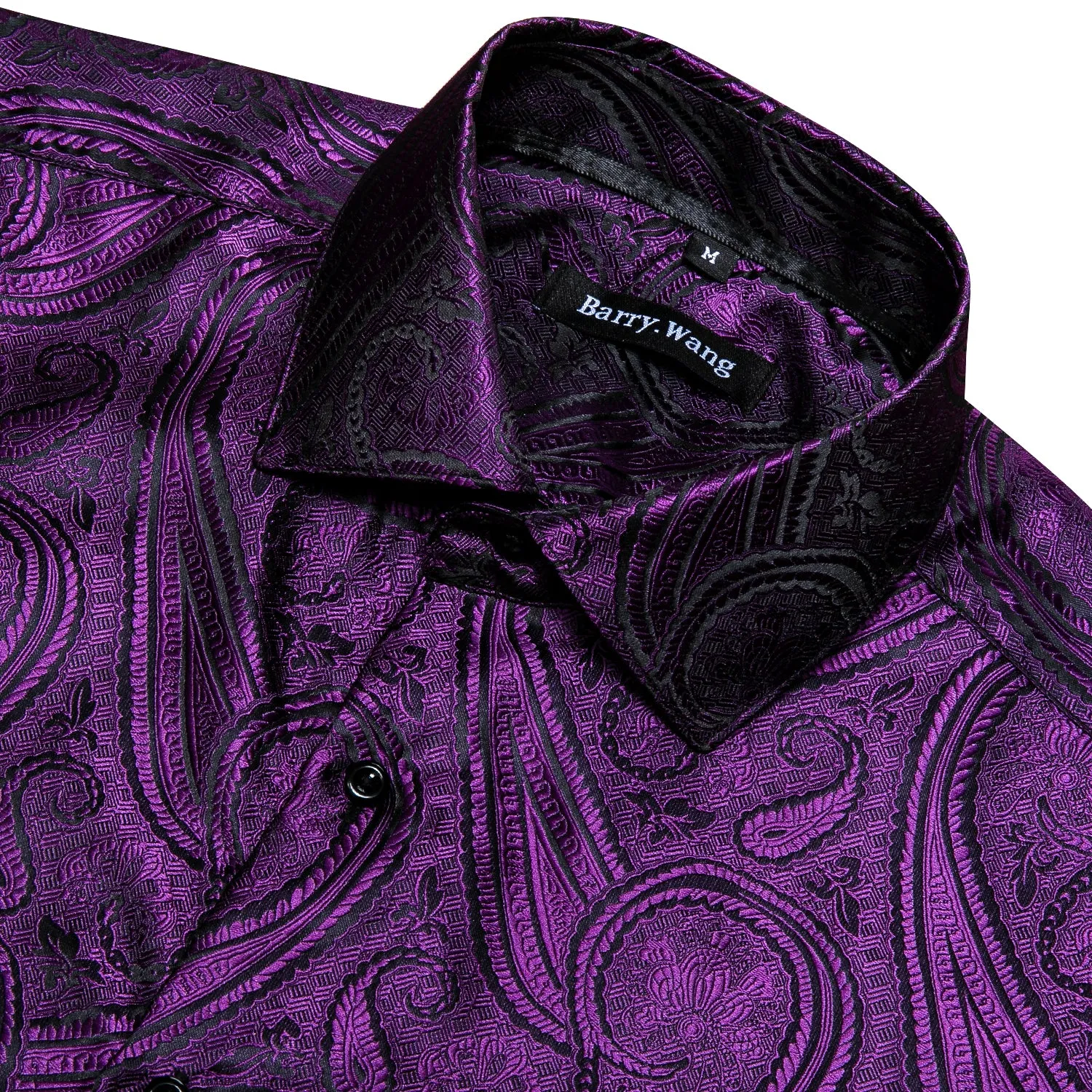 Barry Wang Button Down Shirt Men's Purple Silk Paisley Long Sleeve Daily Slim-fit Shirt