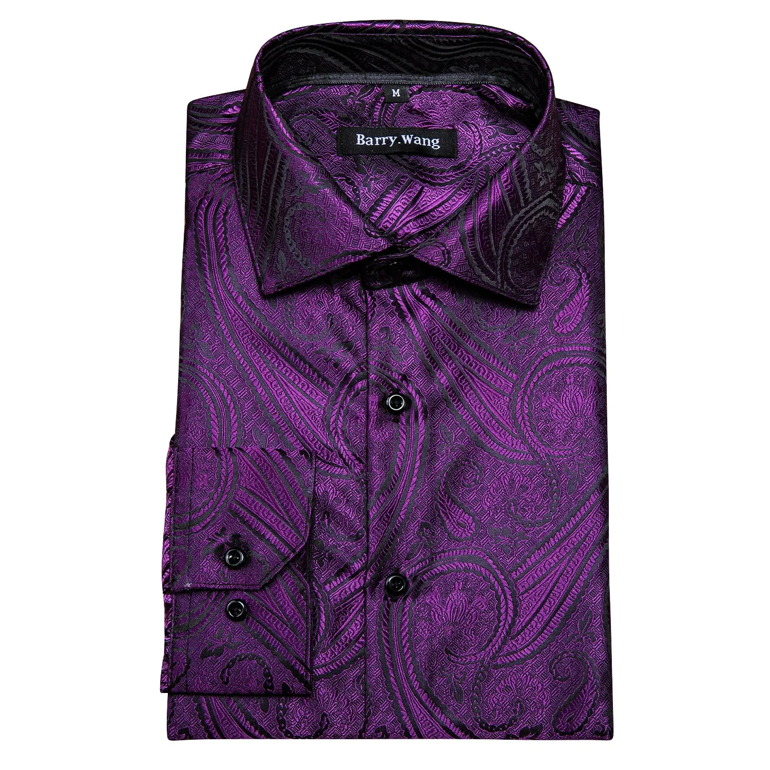 Barry Wang Button Down Shirt Men's Purple Silk Paisley Long Sleeve Daily Slim-fit Shirt