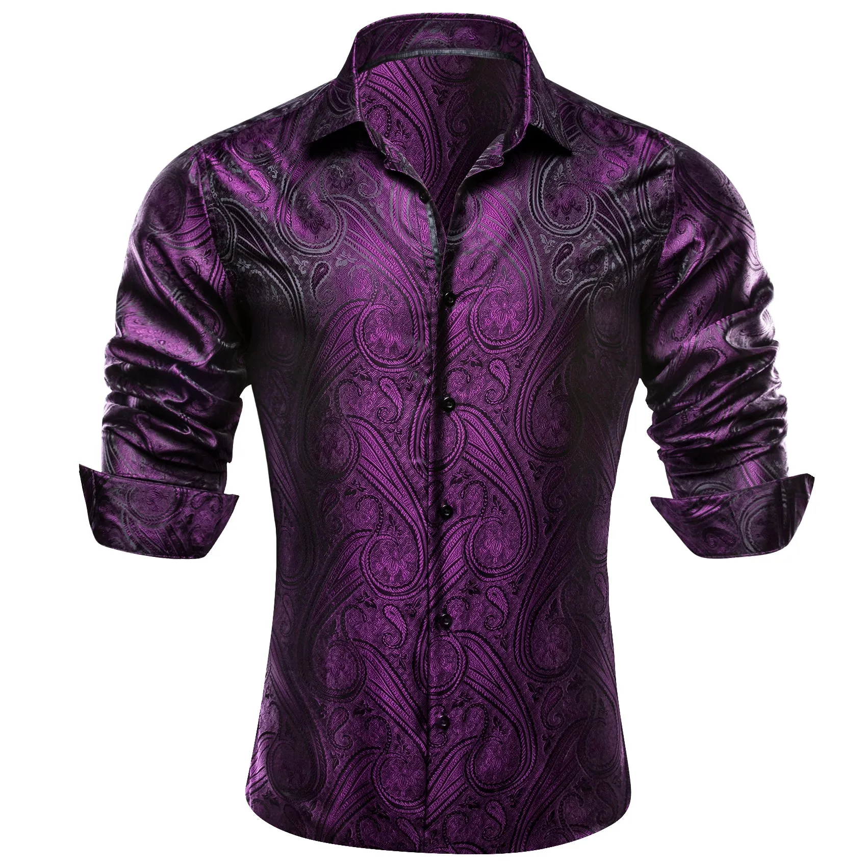 Barry Wang Button Down Shirt Men's Purple Silk Paisley Long Sleeve Daily Slim-fit Shirt