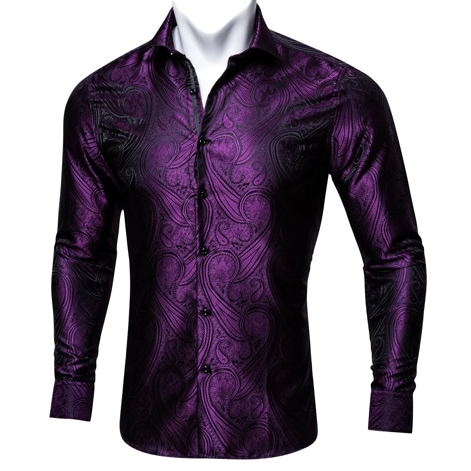 Barry Wang Button Down Shirt Men's Purple Silk Paisley Long Sleeve Daily Slim-fit Shirt