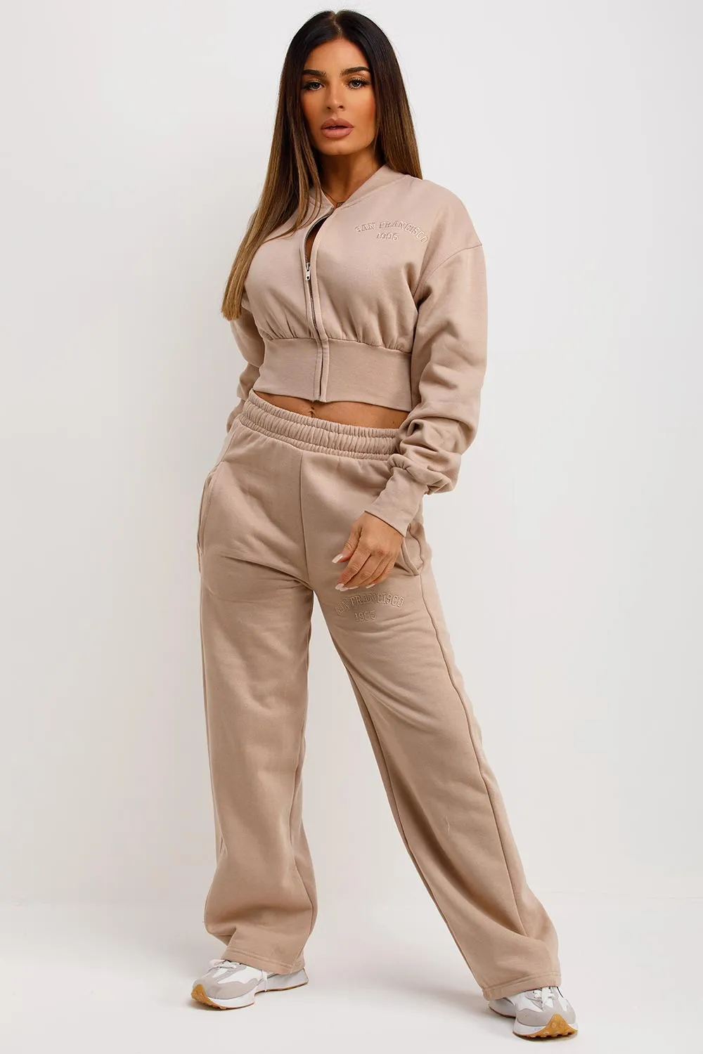 Beige Tracksuit With Straight Leg Embroidery Detail