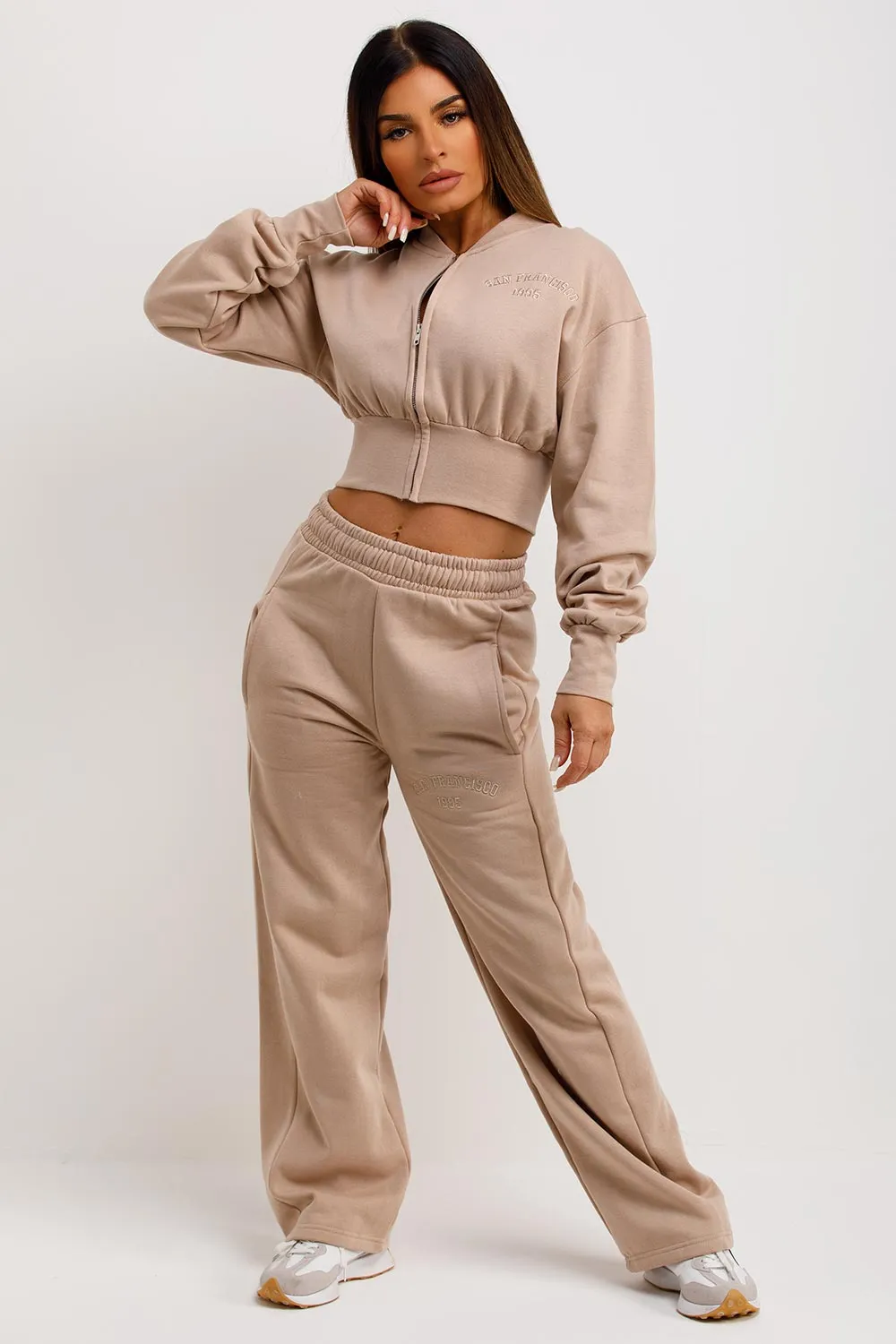 Beige Tracksuit With Straight Leg Embroidery Detail