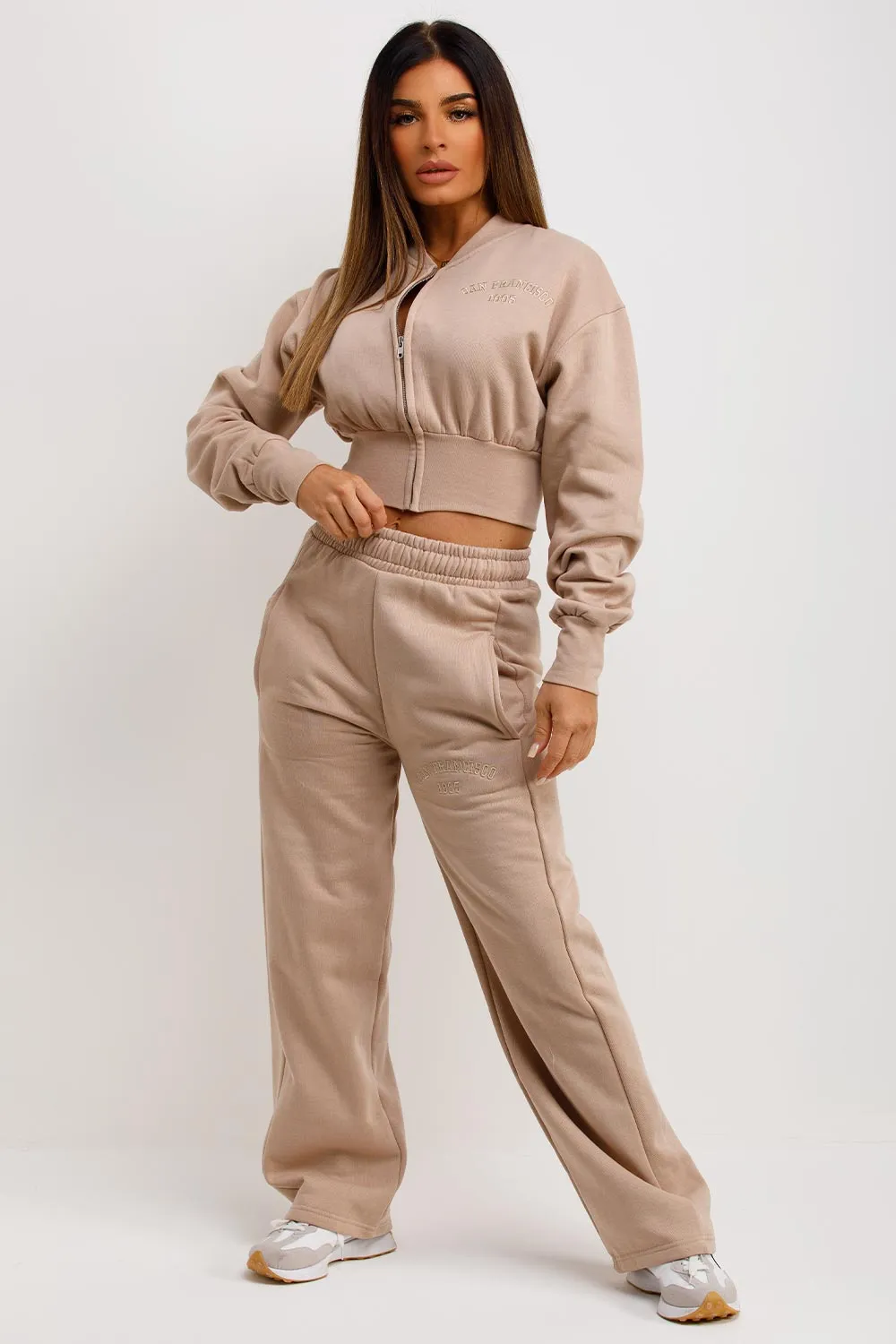 Beige Tracksuit With Straight Leg Embroidery Detail