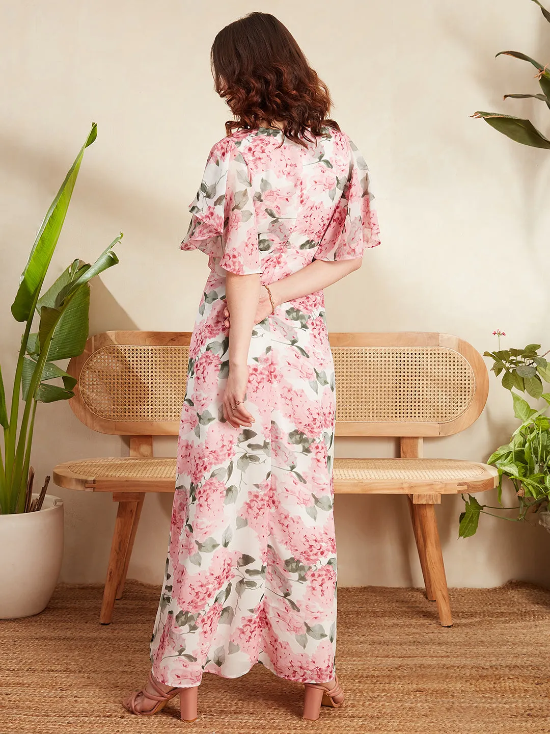 Berrylush Women White & Pink Floral Printed V-Neck Flutter Sleeve Pleated Maxi Dress
