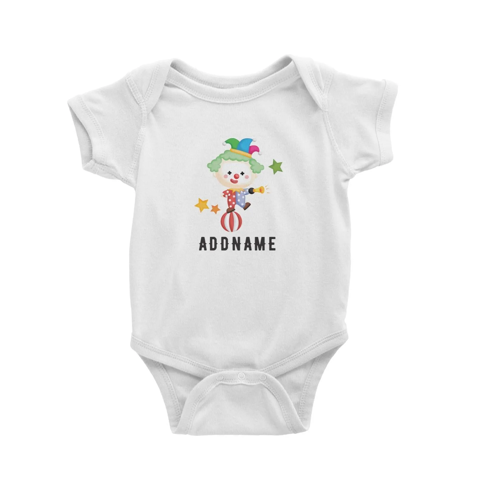 Birthday Circus Cute Clown Standing On Top Of Ball Addname Baby Romper