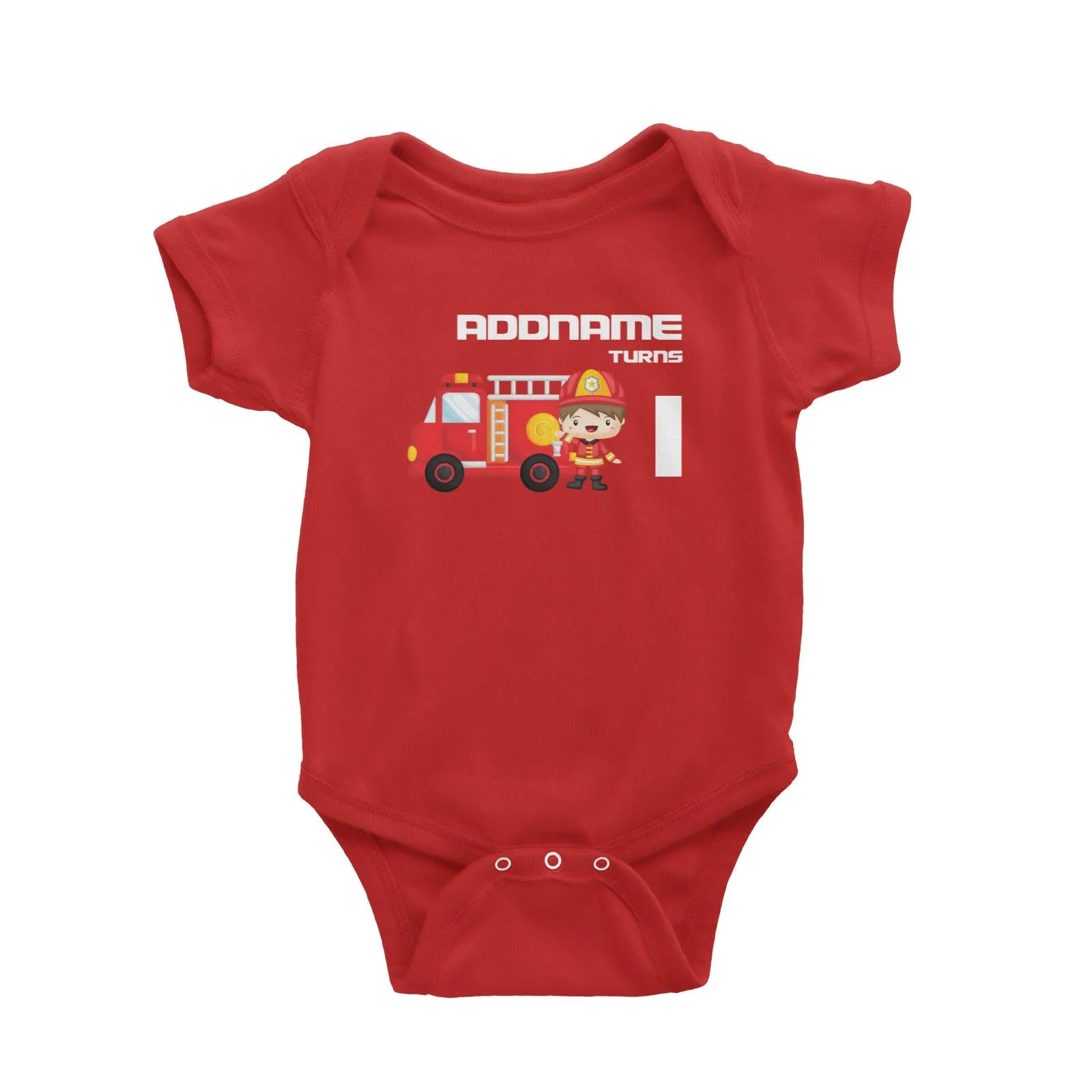 Birthday Firefighter Boy With Firetruck Addname Turns 1 Baby Romper