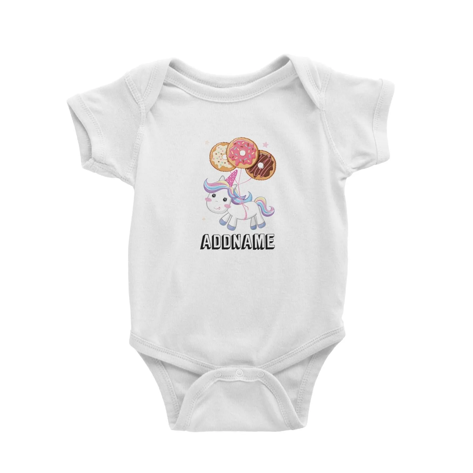 Birthday Unicorn Flying Donuts Balloon In Air Addname Baby Romper