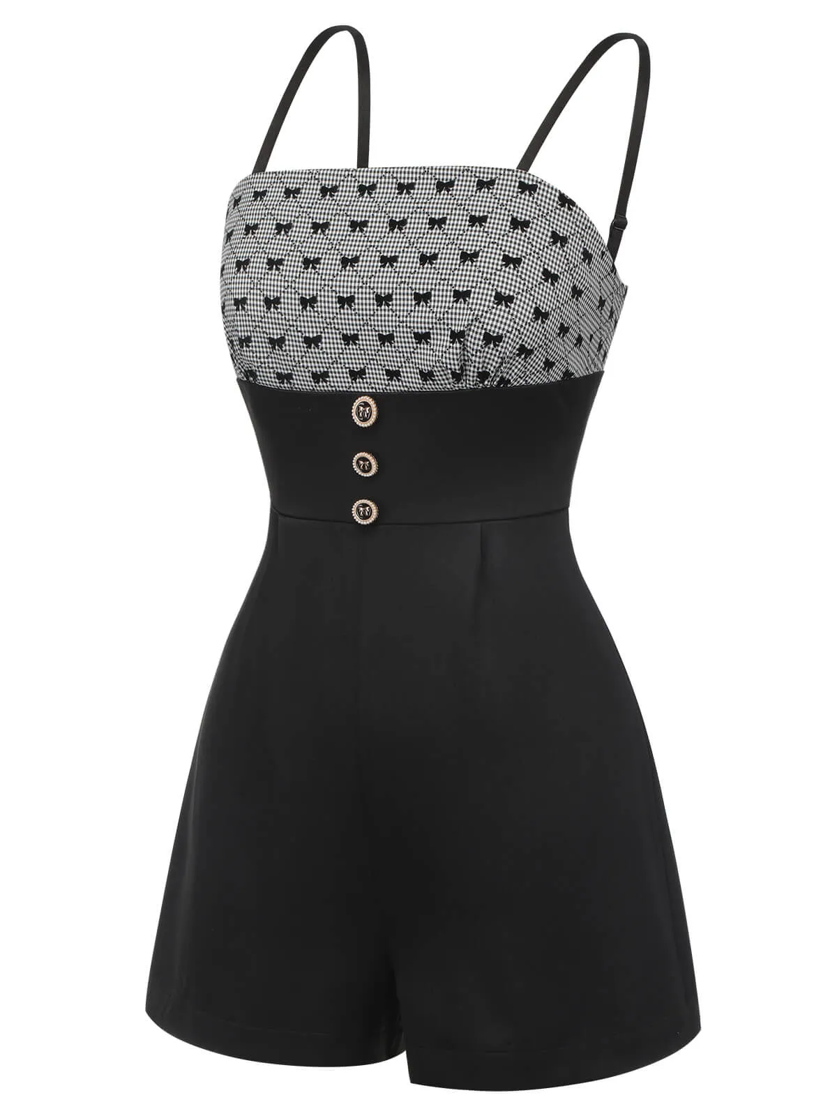 Black 1950s Bow Button Patchwork Strap Romper
