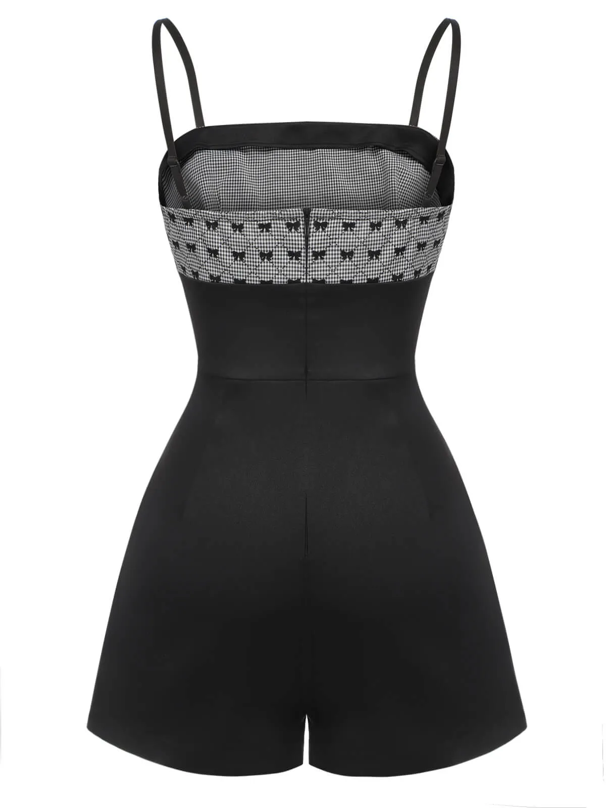 Black 1950s Bow Button Patchwork Strap Romper