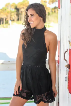 Black Halter Neck Lace Romper