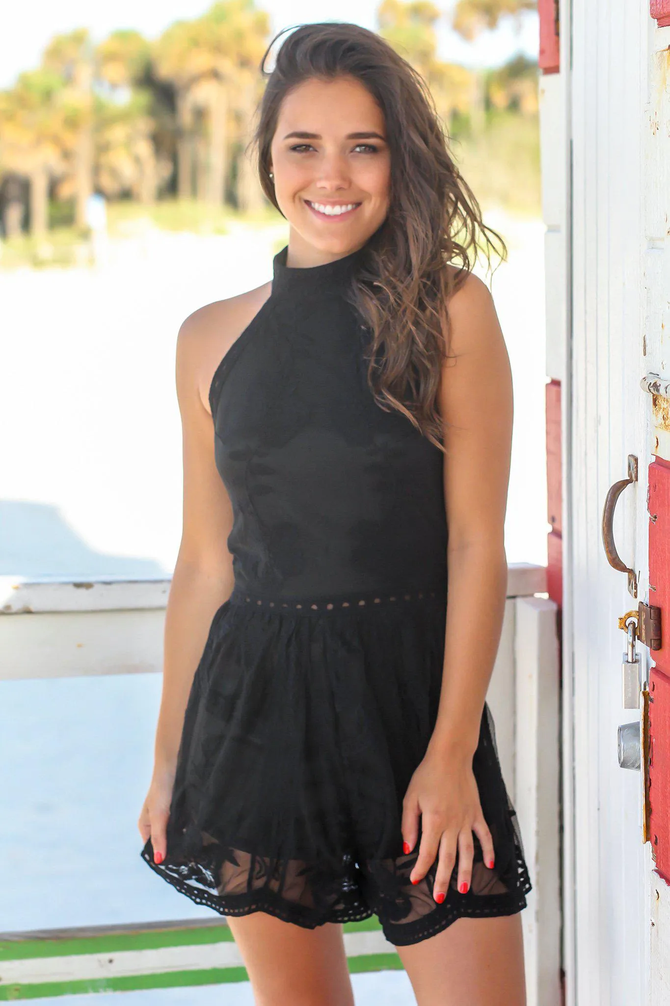 Black Halter Neck Lace Romper