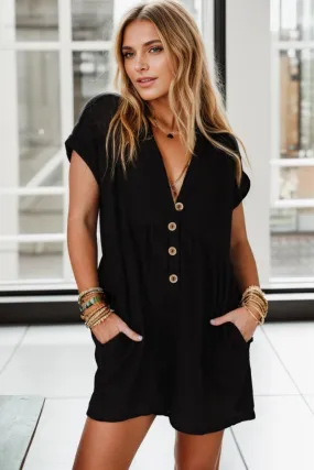 Black Jumpsuit Romper Buttoned Front