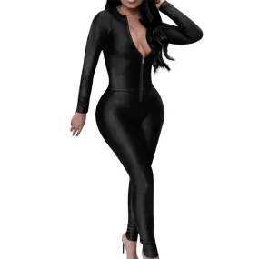 Black Simple Solid Color Sexy Zipper Skinny Jumpsuit