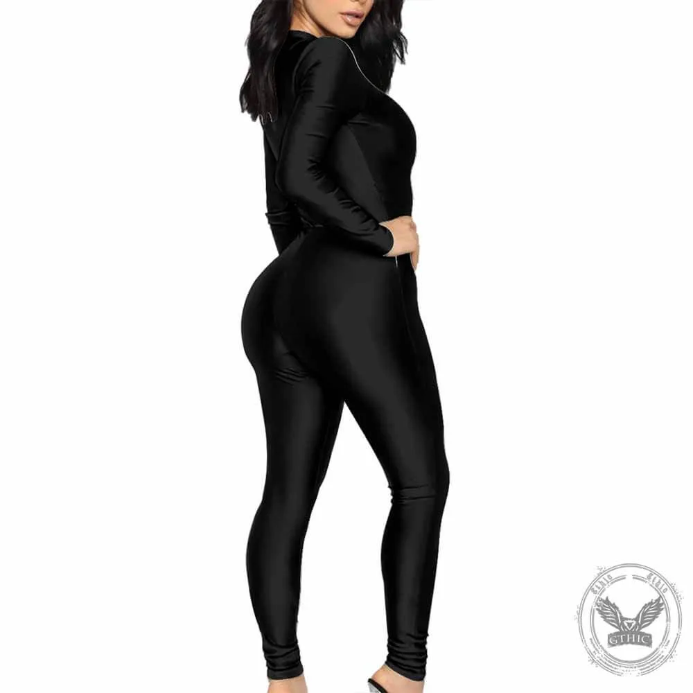 Black Simple Solid Color Sexy Zipper Skinny Jumpsuit