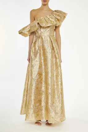 Blake Gold Translucent-Jacquard Puff One Shoulder Maxi-Dress